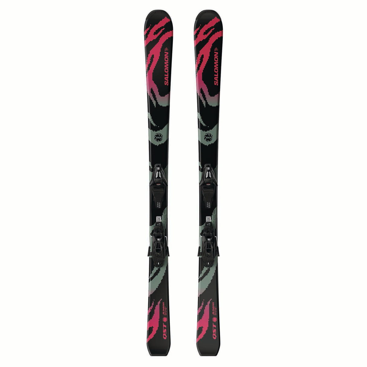 JR.QSTCOSMICSKYSC5GW-Pair of Salomon skis with bindings on a white background