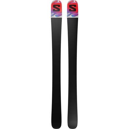 JR.QSTBLANKTEAM-A pair of Salomon skis shown vertically against a plain white background, featuring a white base with a colorful abstract pattern of black, red, purple, and blue.