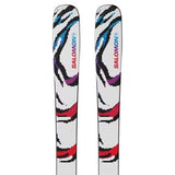 JR.QSTBLANKTEAM-A pair of Salomon skis shown vertically against a plain white background, featuring a white base with a colorful abstract pattern of black, red, purple, and blue.