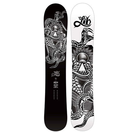 JamieLynn- Two views of a snowboard with a snake design, featuring the Lib logo.