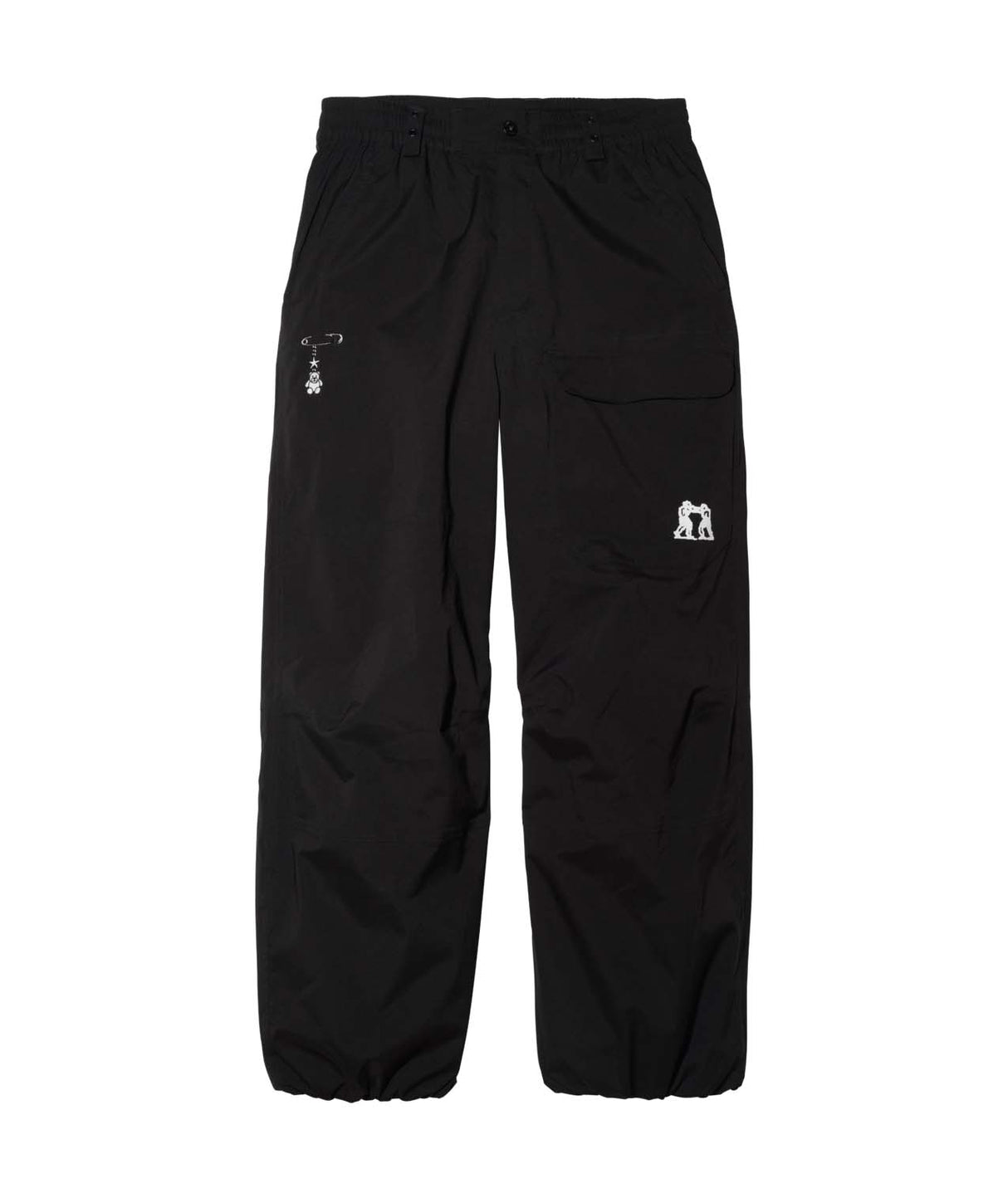 JibPant- Black pants with a small white logo on a white background