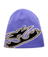 JibSkullyBeanie-Purple beanie with a black and brown logo on a white background