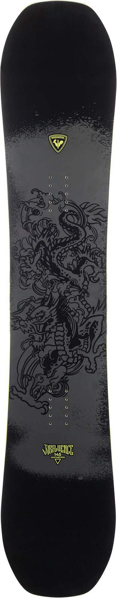 Jibfluence- Black snowboard with a dragon design in the center on a white background