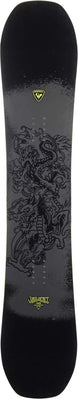 Jibfluence- Black snowboard with a dragon design in the center on a white background
