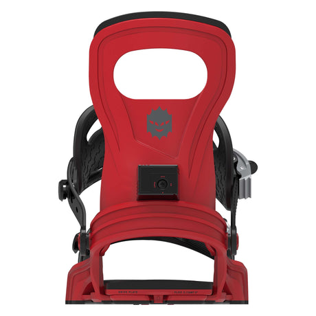 Joint-Black and red snowboard binding on a white background