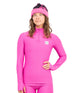 JourneyRibTop- Woman wearing a hot pink quarter zip on a white background 