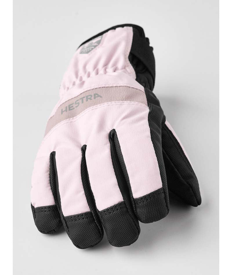 Jr.FeroxCZoneGlove-Pair of pink and black gloves on a white background