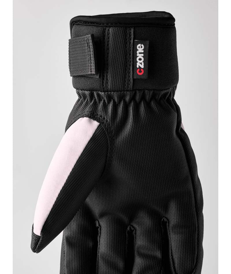 Jr.FeroxCZoneGlove-Pair of pink and black gloves on a white background