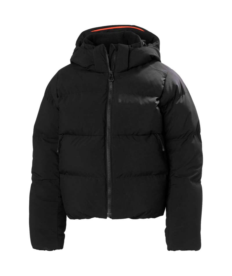 Jr.GirlNoraPuffyJacket-Black puffer jacket with a hood on a white background