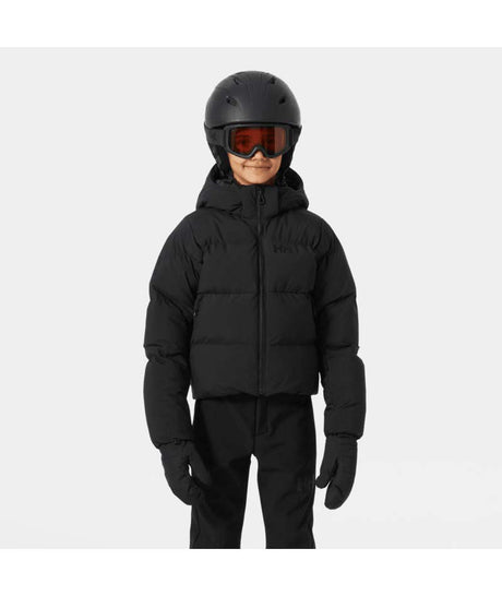 Jr.GirlNoraPuffyJacket-Black puffer jacket with a hood on a white background