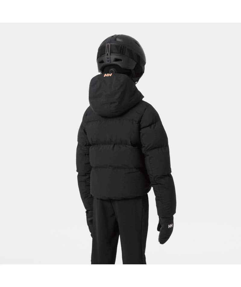 Jr.GirlNoraPuffyJacket-Black puffer jacket with a hood on a white background
