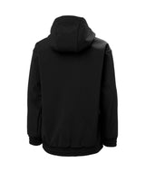Jr.PowderSoftshellHoodie-Black jacket with a brand logo on a white background