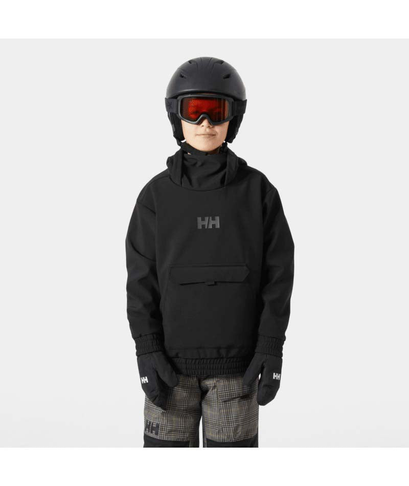 Jr.PowderSoftshellHoodie-Black jacket with a brand logo on a white background