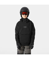 Jr.PowderSoftshellHoodie-Black jacket with a brand logo on a white background