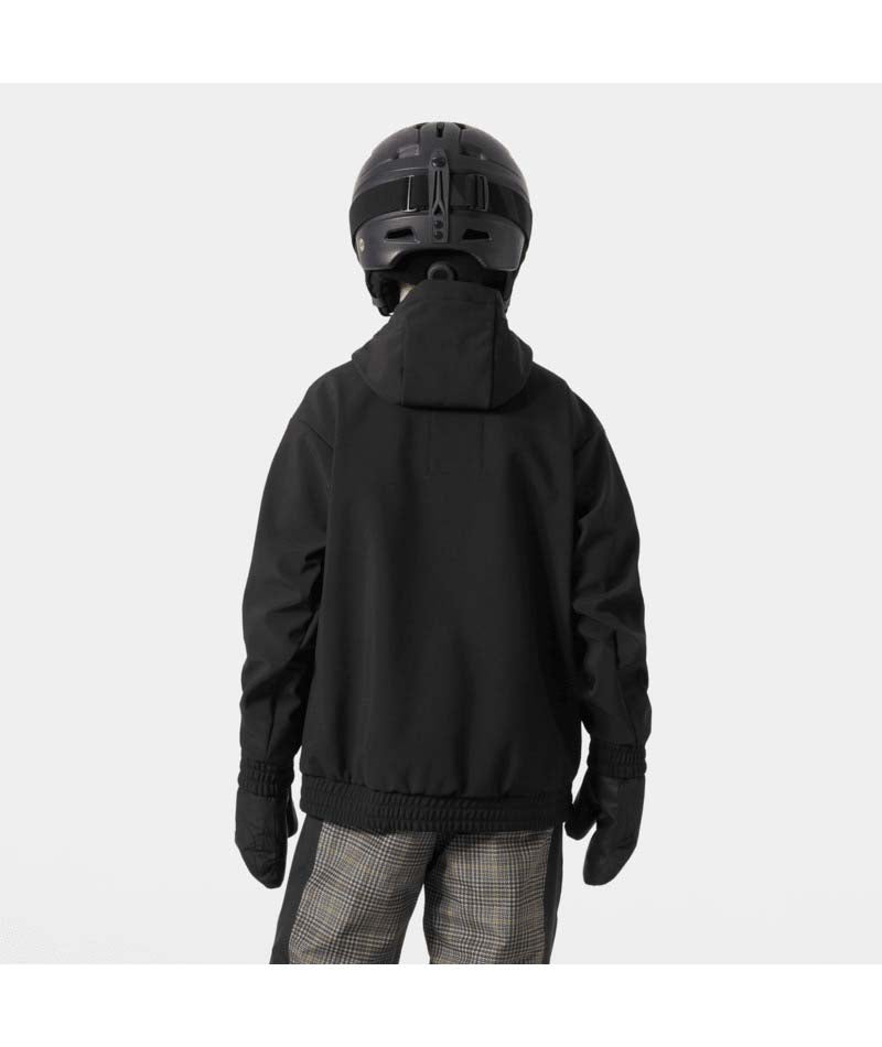 Jr.PowderSoftshellHoodie-Black jacket with a brand logo on a white background