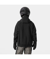 Jr.PowderSoftshellHoodie-Black jacket with a brand logo on a white background