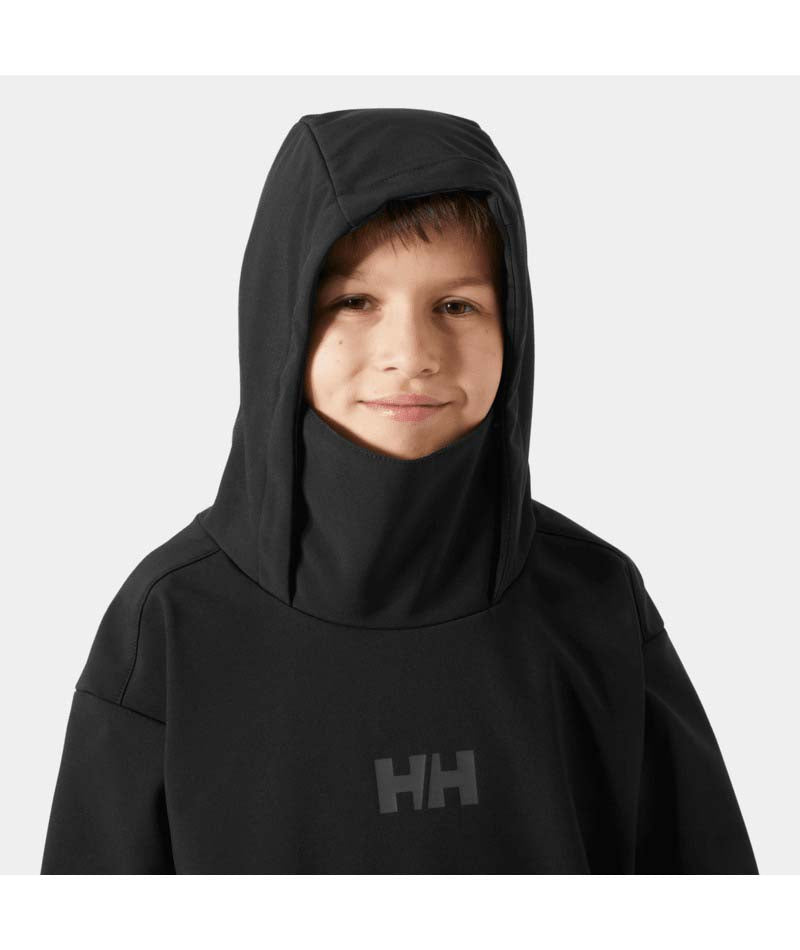 Jr.PowderSoftshellHoodie-Black jacket with a brand logo on a white background