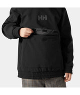 Jr.PowderSoftshellHoodie-Black jacket with a brand logo on a white background