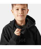 Jr.PowderSoftshellHoodie-Black jacket with a brand logo on a white background
