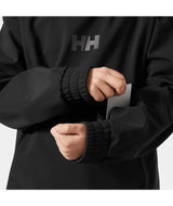 Jr.PowderSoftshellHoodie-Black jacket with a brand logo on a white background