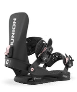 Juliet-Black snowboard binding with 'Union' branding on a white background