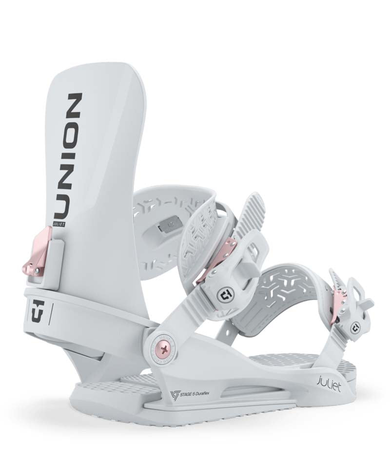 Juliet-White snowboard binding with 'Union' branding on a white background