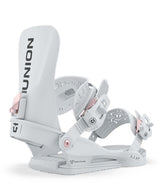 Juliet-White snowboard binding with 'Union' branding on a white background