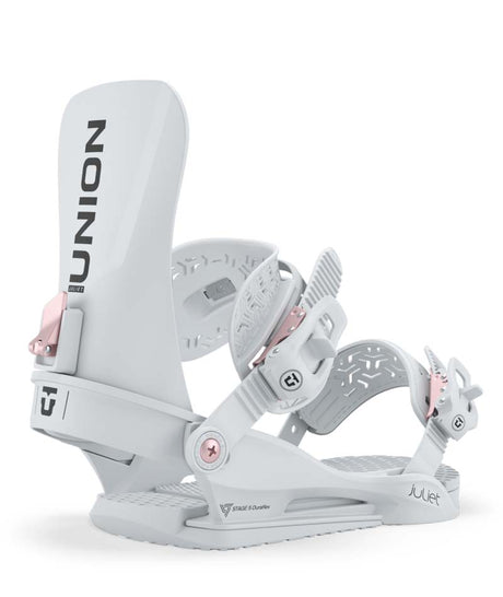Juliet-White snowboard binding with 'Union' branding on a white background