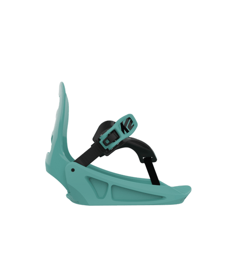 Lil Kat-A green K2 Lil Kat Youth Snowboard Binding featuring a single strap and a soft flexing highback.