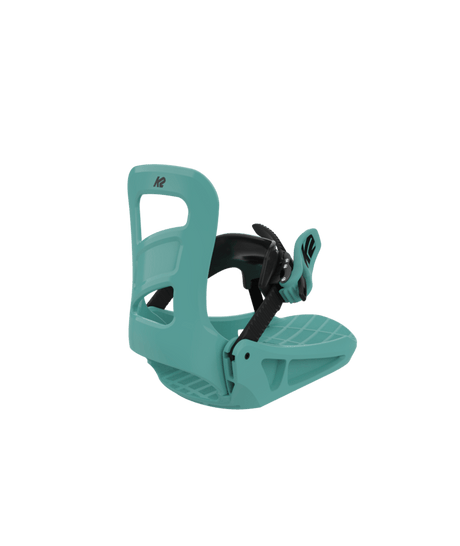 Lil Kat-A green K2 Lil Kat Youth Snowboard Binding featuring a single strap and a soft flexing highback.