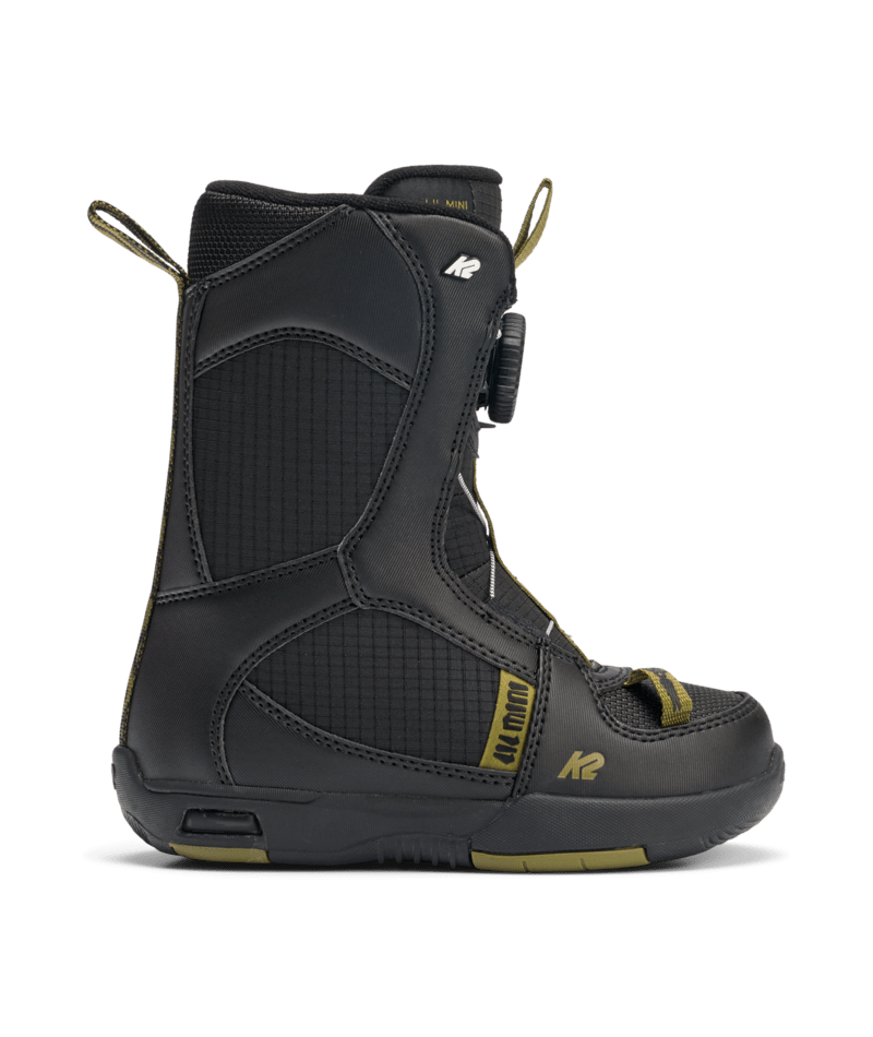 LilMiniSBBoot-A single K2 Lil Mini Youth Snowboard Boot for kids, featuring a black and gold color scheme with BOA lacing system.