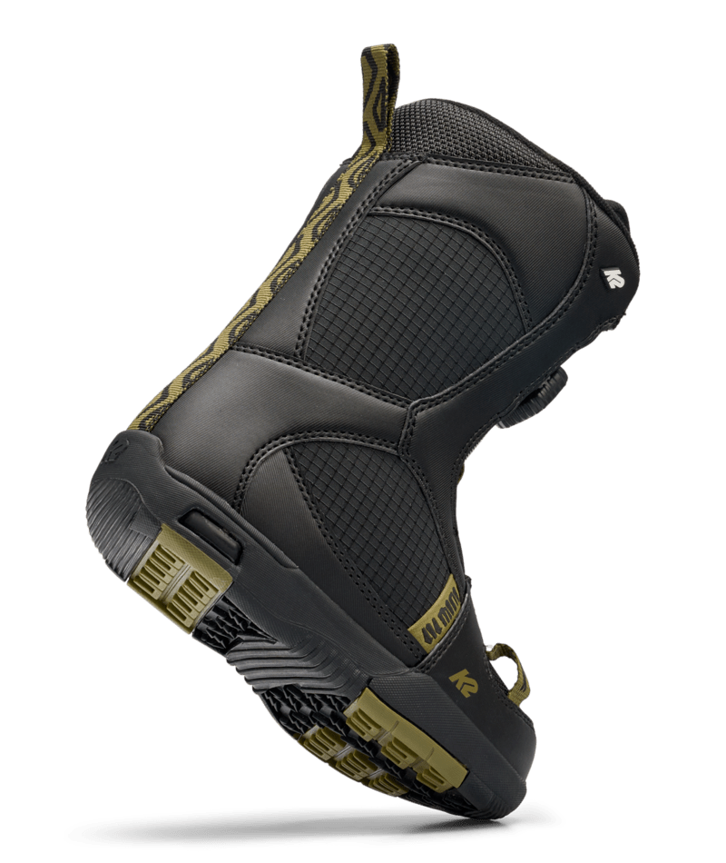 LilMiniSBBoot-A single K2 Lil Mini Youth Snowboard Boot for kids, featuring a black and gold color scheme with BOA lacing system.