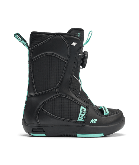 Lil Kat-A single K2 Lil Kat Youth Snowboard Boot for the 2027 model year, predominantly black in color with green accents, featuring a BOA dial, and designed for kids.