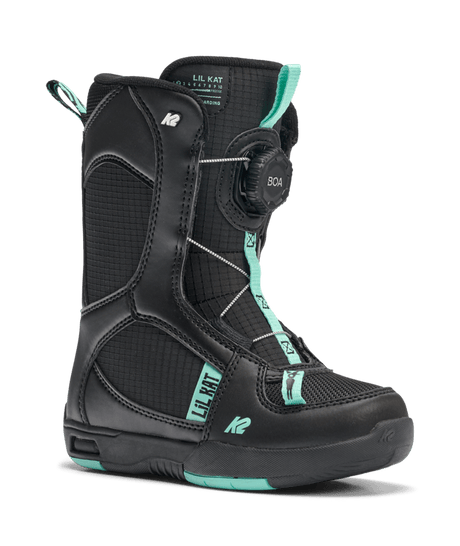Lil Kat-A single K2 Lil Kat Youth Snowboard Boot for the 2027 model year, predominantly black in color with green accents, featuring a BOA dial, and designed for kids.
