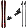 KORE100Tiw_Strive12-A ski equipment set on a plain white background, including a pair of skis with a red and black pattern, two black ski bindings, and two black ski poles with white graphics.