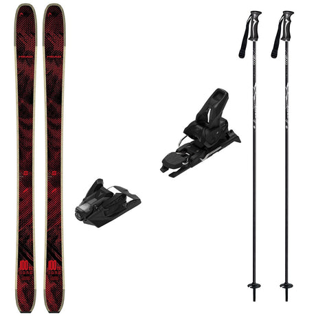 KORE100Tiw_Strive12-A ski equipment set on a plain white background, including a pair of skis with a red and black pattern, two black ski bindings, and two black ski poles with white graphics.