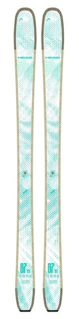 KORE87TiW- Pair of teal skis with a pattern on a white background