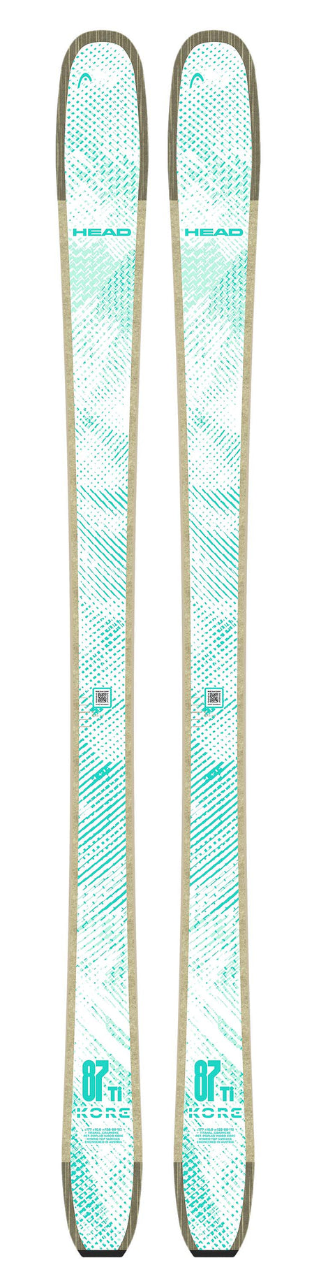 KORE87TiW- Pair of teal skis with a pattern on a white background