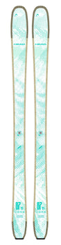 KORE87TiW- Pair of teal skis with a pattern on a white background