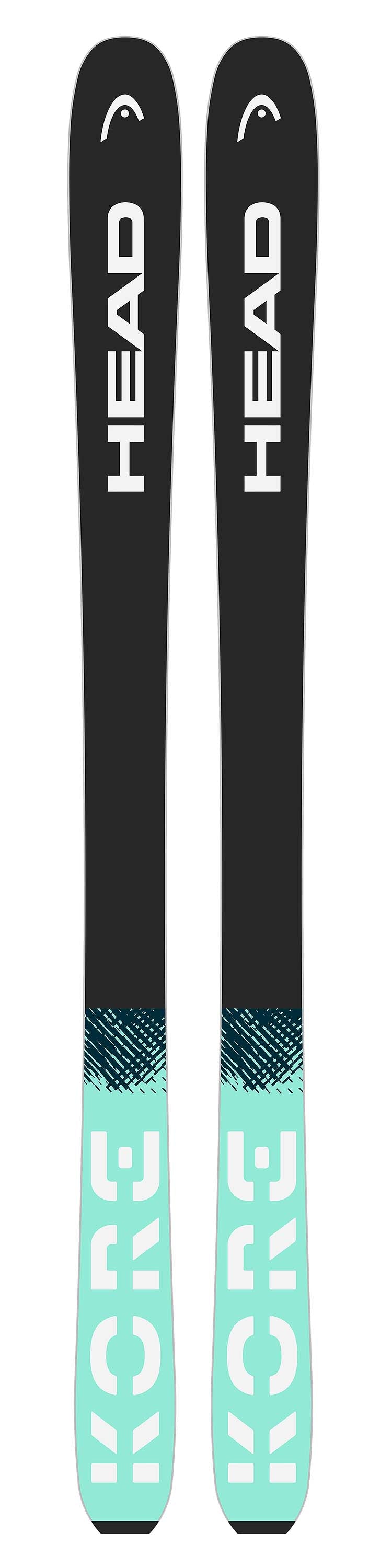 KORE87TiW- Pair of teal skis with a pattern on a white background