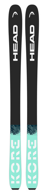 KORE87TiW- Pair of teal skis with a pattern on a white background