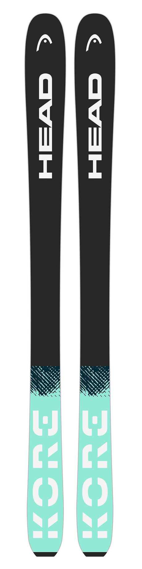 KORE87TiW- Pair of teal skis with a pattern on a white background