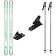 KORE87Tiw_Strive12-A ski equipment set on a plain white background, including a pair of skis with a light aqua and beige pattern, black ski bindings, and two black ski poles with white graphics.