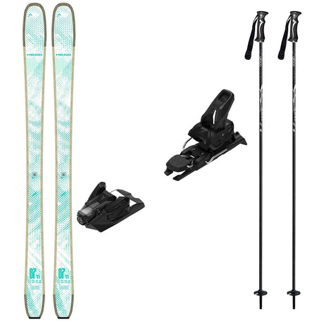 KORE87Tiw_Strive12-A ski equipment set on a plain white background, including a pair of skis with a light aqua and beige pattern, black ski bindings, and two black ski poles with white graphics.