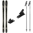 KORE88Tiw_Strive12-A ski equipment set on a plain white background, including a pair of black and gray patterned skis, two black ski bindings, and two black ski poles with white graphics.