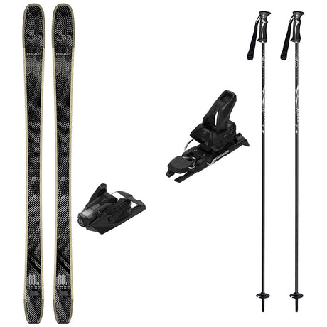 KORE88Tiw_Strive12-A ski equipment set on a plain white background, including a pair of black and gray patterned skis, two black ski bindings, and two black ski poles with white graphics.