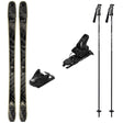 KORE94Tiw_Strive12-A ski gear set on a plain white background, including a pair of black and gray patterned skis, two black ski bindings, and two black ski poles with white graphics.