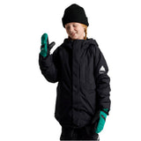 KPowlineGORE-TEX2LJacket-Person wearing a black snow jacket with a brand logo, black beanie, and green gloves on a white background