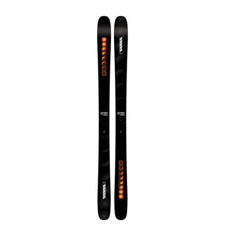 OmenTeam- A pair of K2 Omen Team men's skis for the year 2026, predominantly black in color with orange and white detailing.