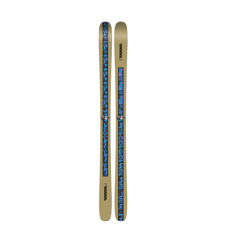 Omen90- A pair of K2 Omen 90 men's skis for the year 2027, predominantly beige in color with blue and black detailing.